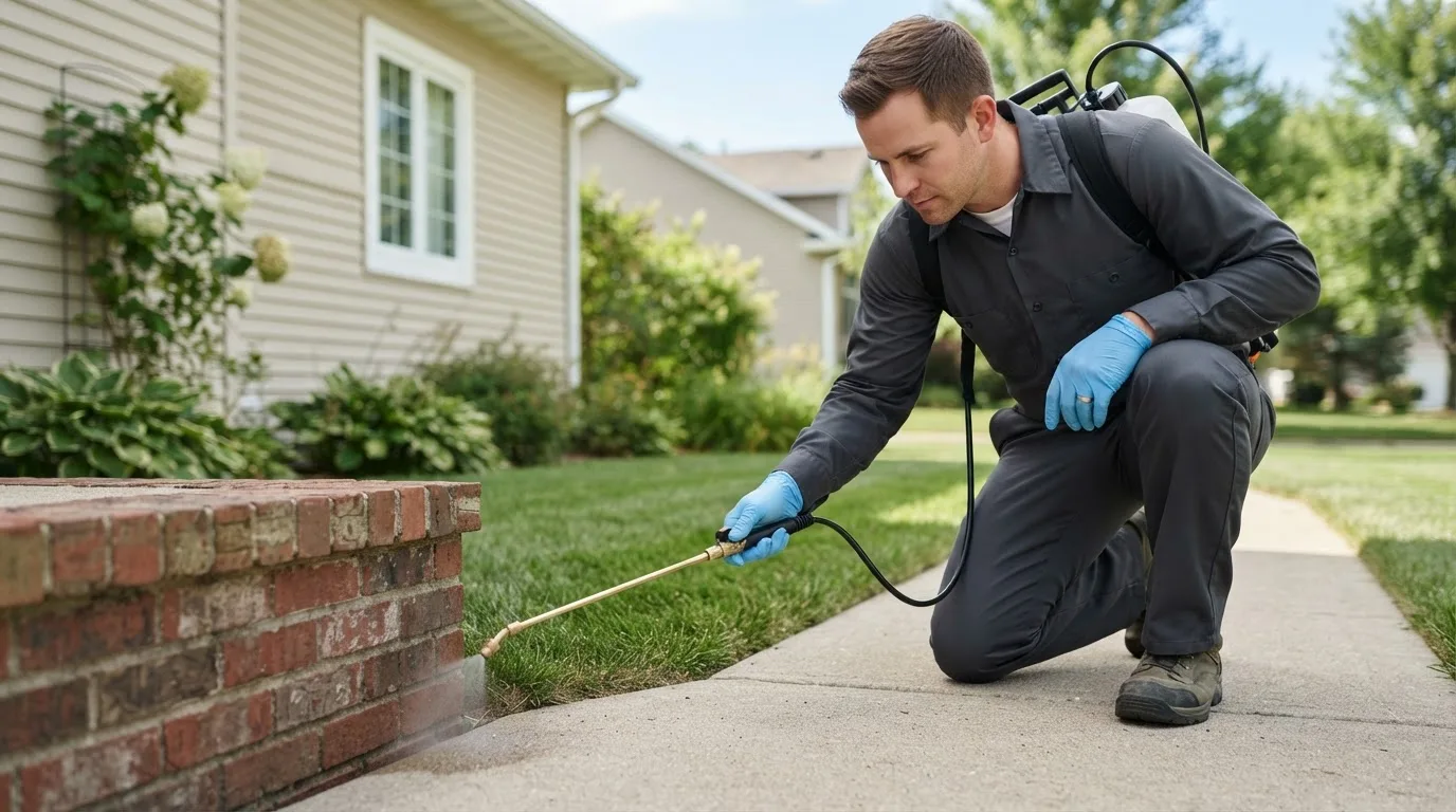 Pest control technician treating a home near Montcalm, WV